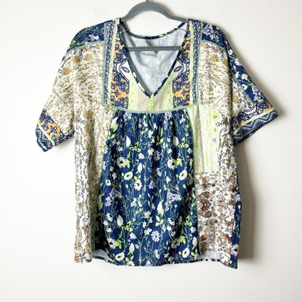 NORACORA • Women’s Mixed Print Floral Boho Peasant Blouse Size XL